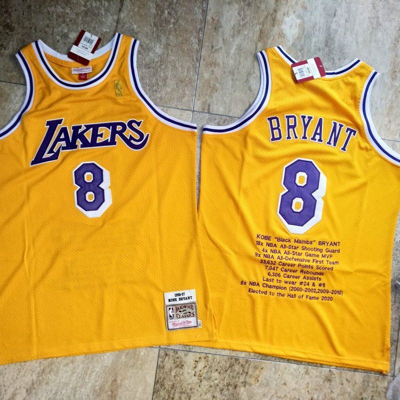 Men Los Angeles Lakers #8 Bryant Yellow Career honor English embroidered version NBA Jerseys->los angeles lakers->NBA Jersey